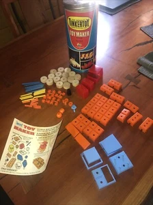 TinkerToy Toy Maker Easy Snap Reusable Wood Plastic 1979 In Cannister VGC - Picture 1 of 14