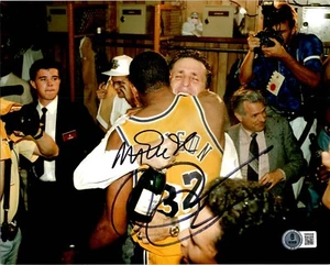 MAGIC JOHNSON & PAT RILEY SIGNED LOS ANGELES LAKERS 8X10 PHOTO BECKETT BAS COA - Picture 1 of 1