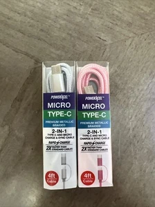 2Pc PowerXcel Micro Type-C 2-In-1 Charge & Sync Cable MetalBr 4Ft Silver/Pink - Photo 1 sur 2