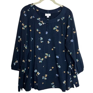 J Jill Womens Blouse Petite XL Blue Floral Cotton Modal Knit 3Q Length Sleeves - Picture 1 of 6