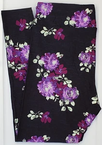 TC2 LuLaRoe Tall & Curvy2 Leggings Purple Roses Floral on Black U31 New - Picture 1 of 7