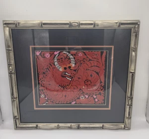 Vintage Oriental Matted & Framed Silk Embroidered Red Dragon and Fire Spirits - Picture 1 of 8