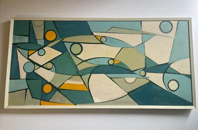 JAPANESE ABSTRACT PAINTING CUBISM 1960'S HAYAKAWA RARE MODERNISM Fish 48” LARGE - Image 1 of 4