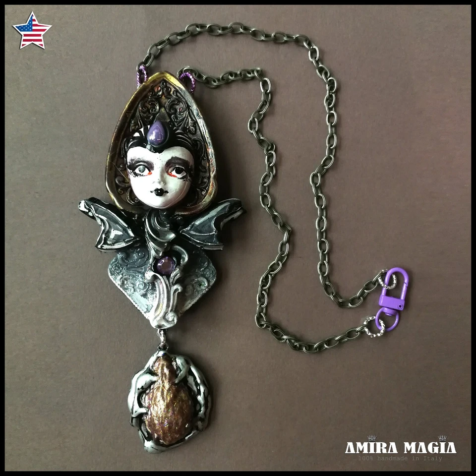 Doll Head Jewelry Necklace Pendant Fairy Gothic Dark Goth Luxury Chunky Art Deco - Image 1 of 4