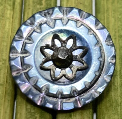 Antique Abalone Ocean Pearl Carved Floral Button Ornate Center Metal Shank 1/2" - Image 1 of 4