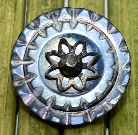 Antique Abalone Ocean Pearl Carved Button Floral Ornate Center Metal Shank 1/2" Cover