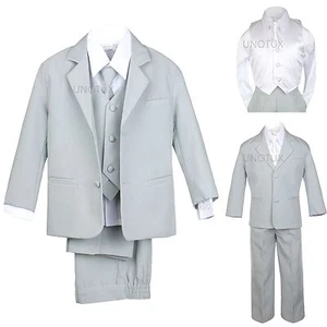 7pc Satin Vest Neck Tie Boy Baby Toddler Teen Silver Gray Formal Suit S-20 - Picture 1 of 44