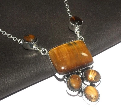Long Tiger Eye 925 Silver Plated Gemstone Handmade Necklace 20" Jewelry GW - Image 1 of 3