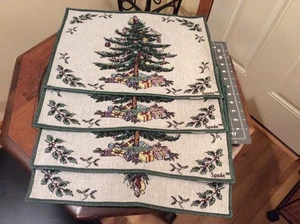 Vtg SPODE CHRISTMAS TREE Placemats Woven Tapestry By Scene Weavers Lot of 4 - Picture 1 of 11