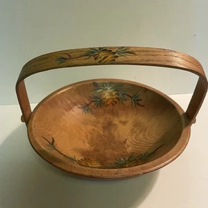 VTG Rustic Woodcroftery Wooden Bowl Hand Painted Pinecone Design W/handle Farm - Picture 1 of 8