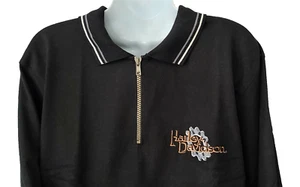 Harley Davidson LS Black Polo Shirt 14th Zip Embroidered GEARS Chest42in Mens M - Picture 1 of 9