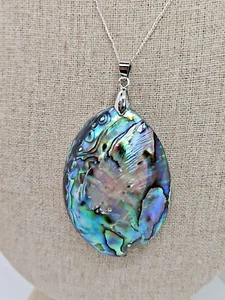 Natural Multi-Color Abalone shell Oval Pendant 18kt Plated 18 in chain - Picture 1 of 4