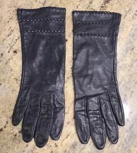 Vintage Size M/L 7 Black Leather 10" Long Formal Gloves Lined Eyelet Peekaboo - Picture 1 of 23