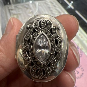 Gorgeous Vtg Miniature Sterling silver Pill Box Marcasite CZ Stone Stamped 925 - Picture 1 of 17