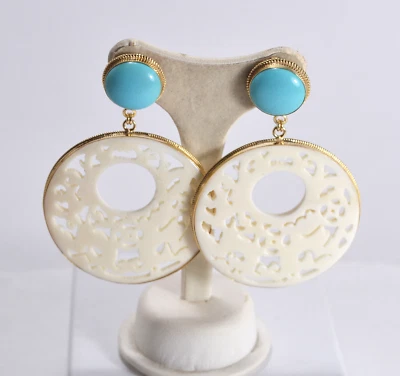 ORECCHINI ARGENTO 925 TURCHESE NATURALE  CREOLE CORNO TONDO       AGHT 0839 - Immagine 1 di 3