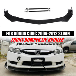 For Honda Civic 8th Gen FD 2006-2012 Glossy Black Front Bumper Lip + Strut Rods