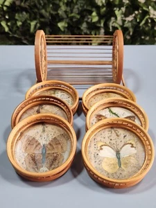 GC: VINTAGE 1950'S HAND MADE BAMBOO BUTTERFLY COASTER SET WITH ORIGINAL STAND - Picture 1 of 14