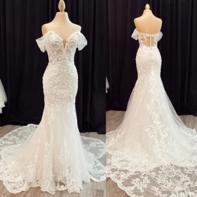 Beach Boho Mermaid Wedding Dresses with Court Train Off the Shoulder Bridal Gown - Image 1 of 4