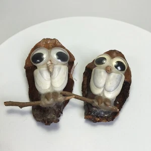 Vintage Owl Magnets Pinecone Shell Googly Eyes Handmade Set Of 2 - Picture 1 of 4