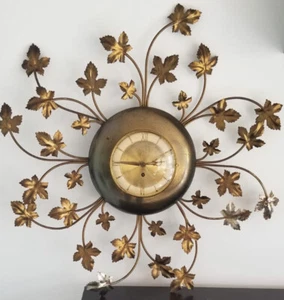 Unique Artco W Germany 1950s Gilt Tole Metal Wall Clock Leaves Design w/ Key 26” - Picture 1 of 11