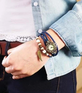 LUSTIGE & VERSPIELTE LEDER BETTELARMBAND UHR: MODISCHE MEHRLAGIGE MARINE UHR - Bild 1 von 1
