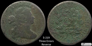 1801 Draped Bust Large Cent, S-219 3 Errors Variety, Good+ Details, Pitted C7210 - Picture 1 of 1