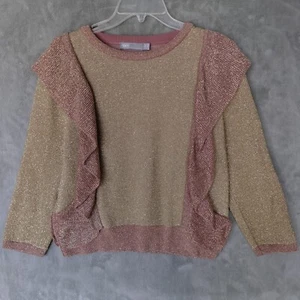 Asos Design Womens Size 14 Gold Glitter Top  Long Sleeve Ruffle Pullover Blouse  - Picture 1 of 10
