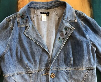 Daisy Fuentes DENIM JEAN JACKET Size 14 Blue Embellished Rhinestone Gems Bling - Image 1 of 4