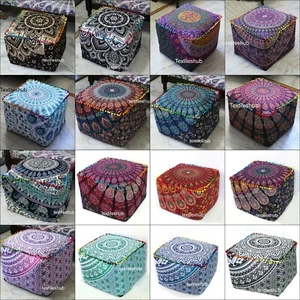 Indian Mandala 18" Square Ottoman Handmade Pouf Cover Footstool Seating Cover - Picture 1 of 49