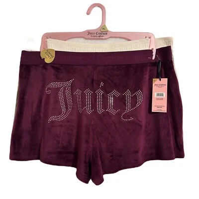 Juicy Couture Lounge Short Women XL Purple Ivory 2pk Velour Plush Bling Logo NWT - Image 1 of 4