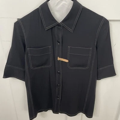 Women’s DKNY Vintage Black Blouse With White Stitching-Size 6-silk Blend-pockets - Image 1 of 4
