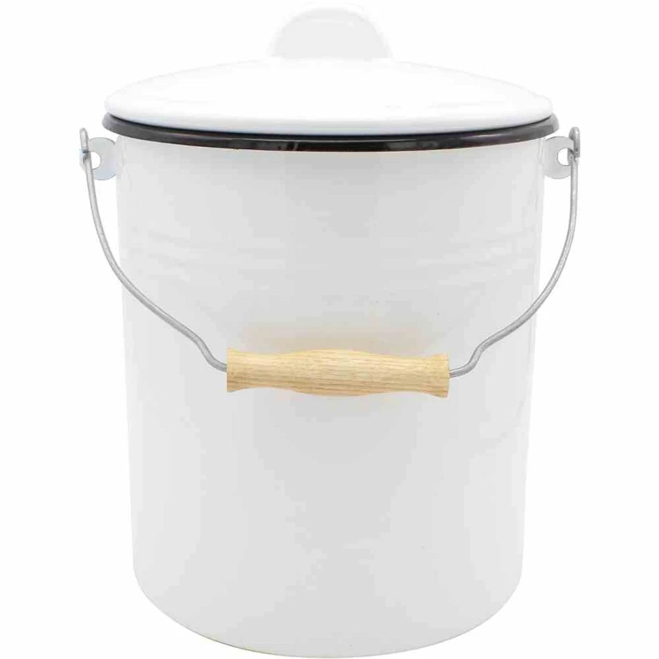 KRÜGER Mülleimer Abfalleimer Müllbehälter Emaille 10 l weiß Deckel & Holzgriff - Bild 1 von 1