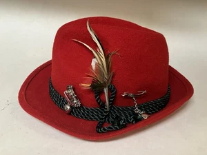 Red Felt Tyrolean Hat German Neuschwanstein Zugspitze Bells Feather EURO 56 US 7 - Picture 1 of 4