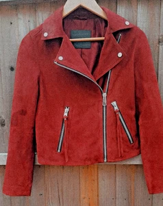 Nueva Chaqueta de Motociclista All Saints Gamuza Dalby Rojo Cereza Talla UK 8 NUEVA SIN ETIQUETAS - Imagen 1 de 5