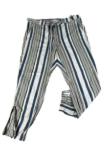LOFT Linen Jogger Pants Womens 12 Blue Green Stripe Beach Vacation Coastal NEW - Picture 1 of 13