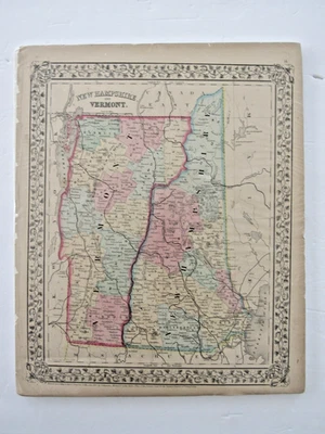 Antiguo mapa del condado de S. Augustus Mitchell Jr 1867 de New Hampshire y Vermont Foto 1 de 4