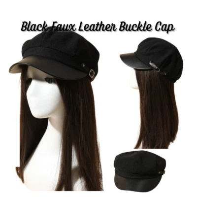 Mujeres Damas Niñas Moda Negro Imitación Cuero Visera Panadero Niño Newsboy Sombrero Gorra Foto 1 de 4