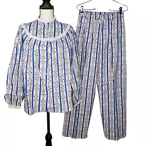Vintage LL Bean x Lanz Pyjama Small L/S Oberteil Hose NEU weiß blau Flanell USA - Bild 1 von 9