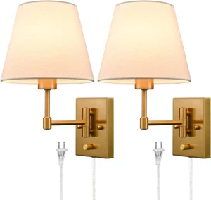 Gold Plug-In Wall Sconces Set of Two Beige Shade Brass Swing Arm Wall Lamp with - Picture 1 of 7