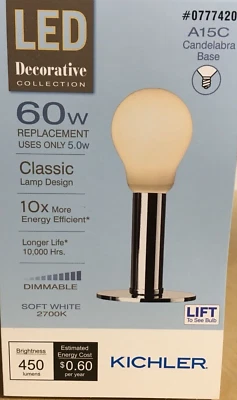 KICHLER DIMMABLE LED 5W (60W) BULB CANDELABRA BASE SOFT WHITE A15C - Image 1 of 2