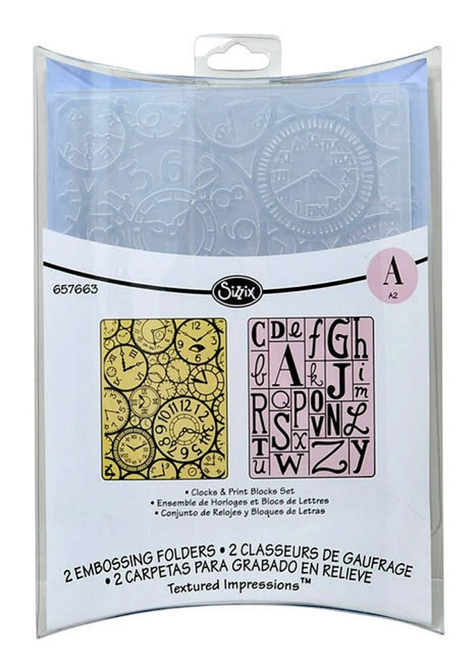 Sizzix Clocks & Block Print Emboss 2pk #657663 Retail $12.99 by Jen Long - Image 1 of 4