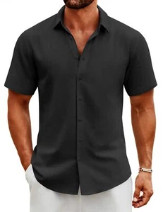 Linen Button Down Men Summer Button Up Shirt Men Casual Beach Top Black - Picture 1 of 6