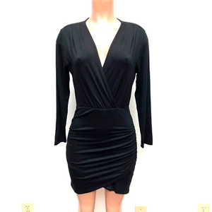 Fraiche by J Womens Black Wrap V-Neck Ruched Long Sleeve Bodycon Mini Dress M - Picture 1 of 8