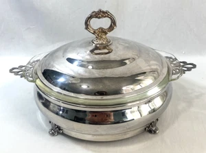 Cazuela con patas MCM British Silver Plate con tapa con inserto Fire King - Imagen 1 de 14