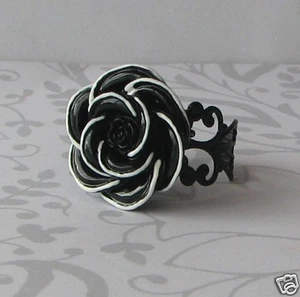Black Rose White Lace Ring Filigree Adjustable Goth Gothic Style - Picture 1 of 1