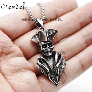 MENDEL Gothic Mens Biker Skull Pendant Necklace Men Stainless Steel Chain Silver - Picture 1 of 9