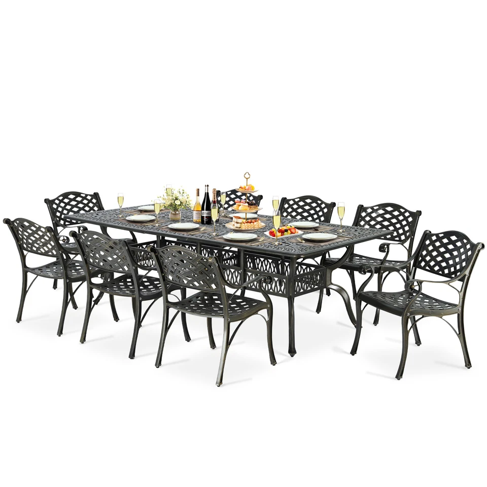 Juego de mesa y sillas para muebles de exterior de 9 piezas para 8, juego de comedor de patio de aluminio fundido Foto 1 de 1