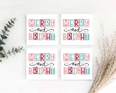 POSAVASOS Feliz y Brillante Navidad Juego de 4 Posavasos de Cerámica/Piedra Hechos a Mano Foto 1 de 2