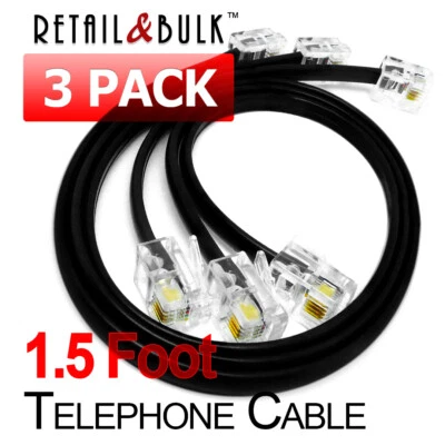 (Paquete de 3) Cable telefónico de 1,5 pies RJ11 (6P4C) cable de línea telefónica de 18 pulgadas, negro Foto 1 de 4
