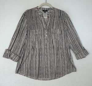 Cocomo Womens Blouse V Neck Stretch Roll Tab Sleeve Pink Black Stripe Size 2X - Picture 1 of 11